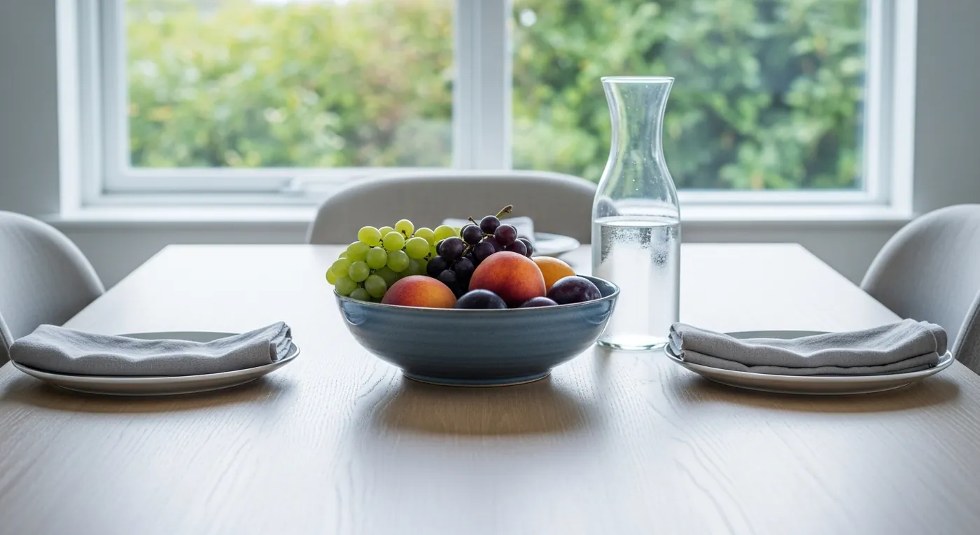 Mesa de refeições de uma casa de temporada preparada para receber hóspedes, com fruteira e jarra de água junto à janela