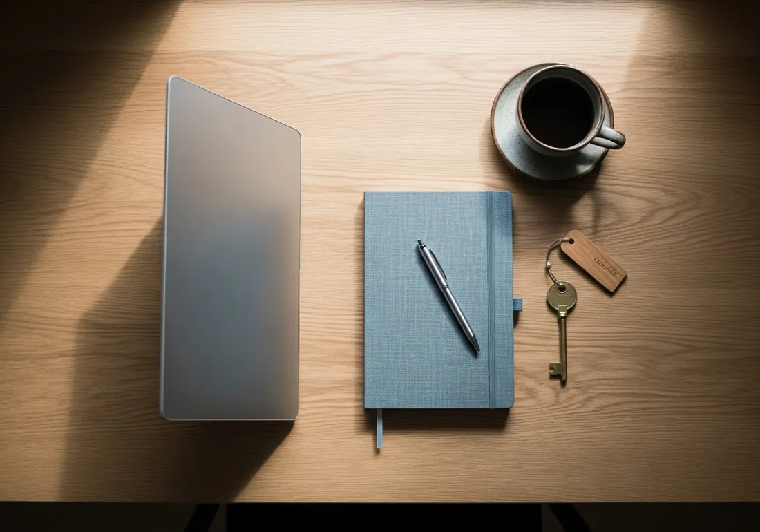 Mesa de trabalho organizada vista de cima, com notebook, caderno, uma chave com etiqueta de madeira e uma xícara de café