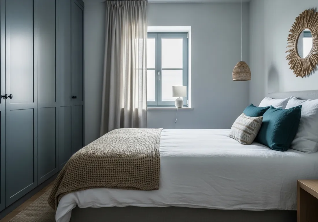 Quarto de uma casa de temporada com roupa de cama branca e luz suave entrando pela cortina