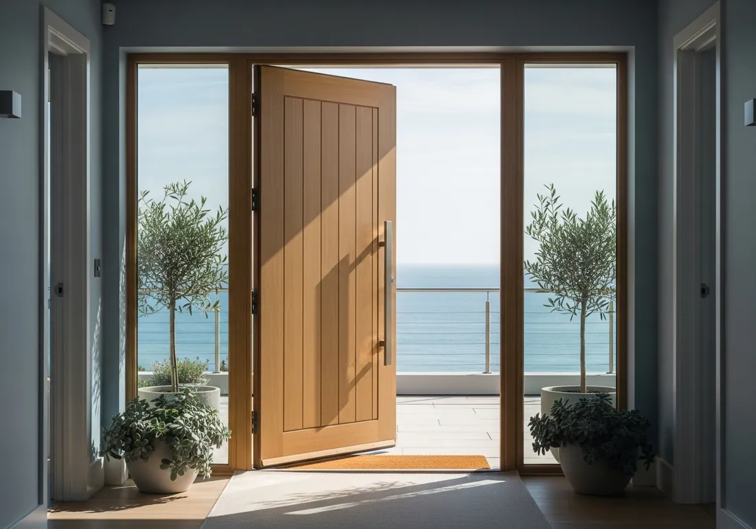 Porta de uma casa litorânea moderna se abrindo para um terraço ensolarado com vista para o mar