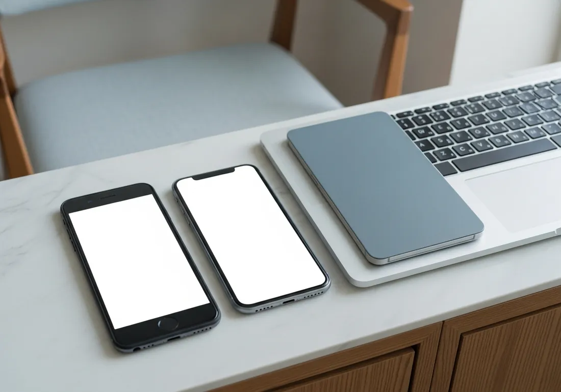 Dois celulares e um notebook lado a lado sobre uma superfície clara, sugerindo a conexão entre os aparelhos