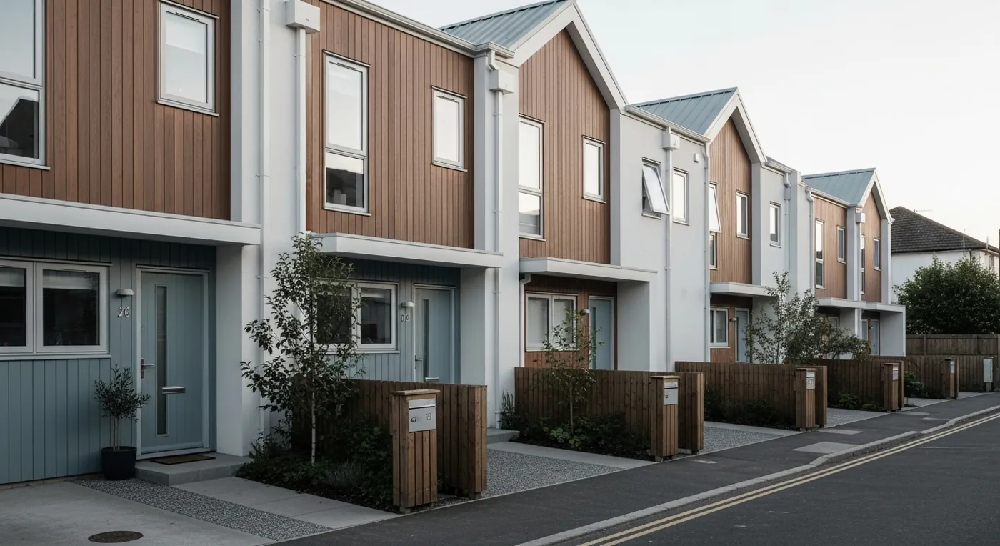 Fachadas de casas contemporâneas em uma rua residencial tranquila pela manhã